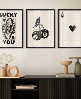 Heiple Framed Set of 3 Poker Wall Art Lucky You Poster, Trendy Retro Print Wall Decor for Queen of Hearts Wall Art Rustic Vintage Farmhouse Home Wall Decor(Black 12"x16")