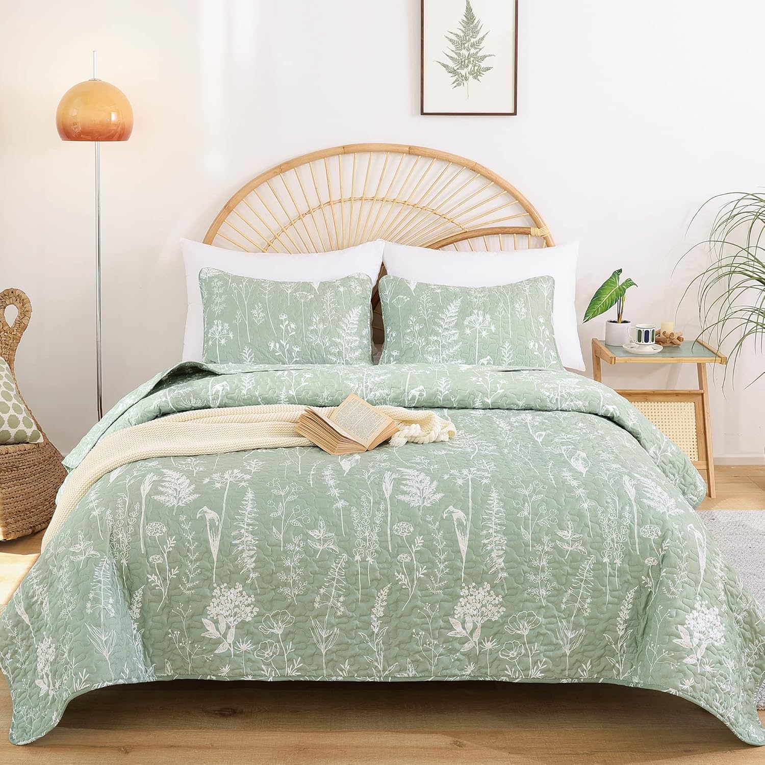 JANZAA Quilts Queen Size Sage Green Quilt Botanical with Floral Pattern Microfiber Bedspreads Queen Size 3 Pieces Lightweight Comforter Reversible Bedding Set with 2 Pillow Cases - Image 5