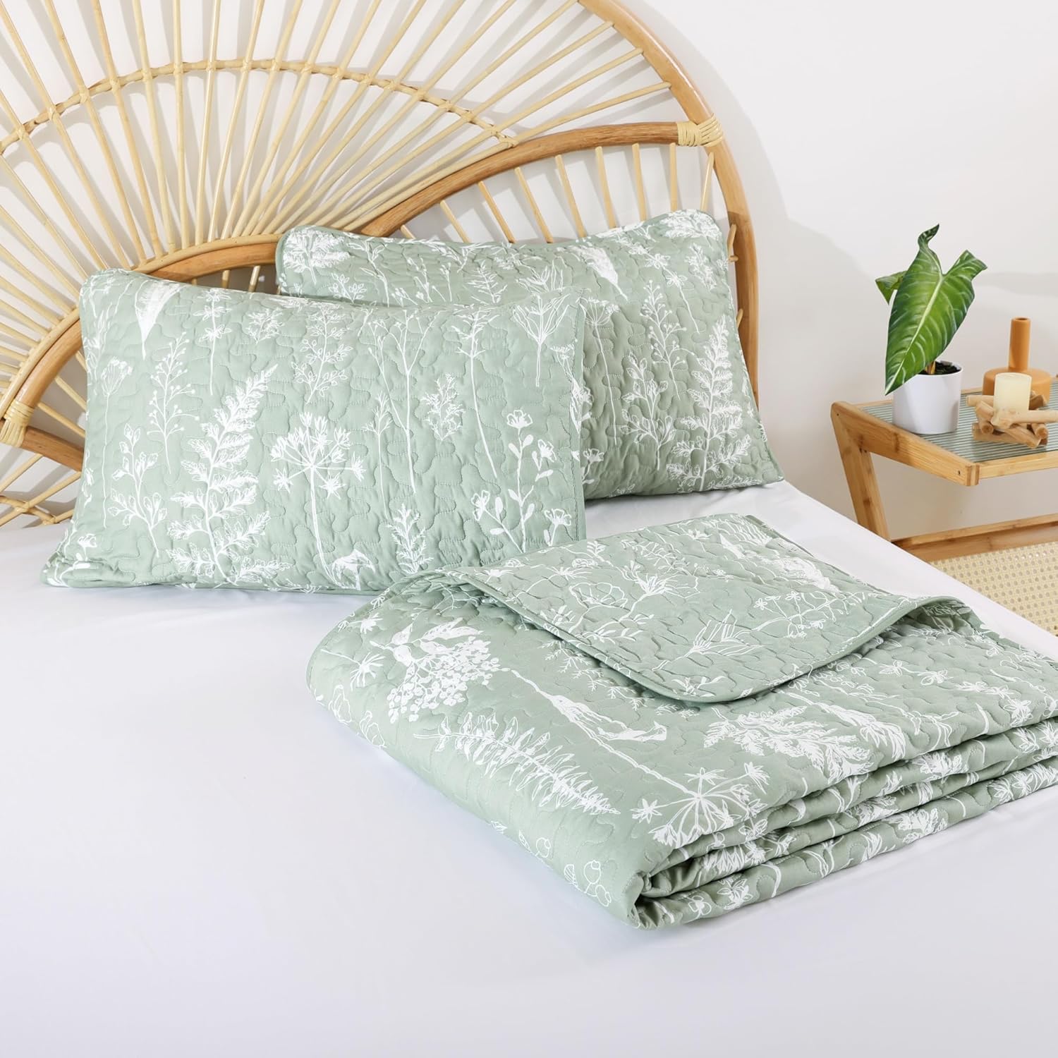 JANZAA Quilts Queen Size Sage Green Quilt Botanical with Floral Pattern Microfiber Bedspreads Queen Size 3 Pieces Lightweight Comforter Reversible Bedding Set with 2 Pillow Cases - Image 8