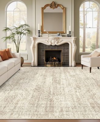 Washable Area Rug 8x10, Large Soft Rugs for Living Room Vintage Beige Carpet 8x10 Area Rugs for Bedroom Dining Room Non-Slip Stain Resistant Under Table Rug