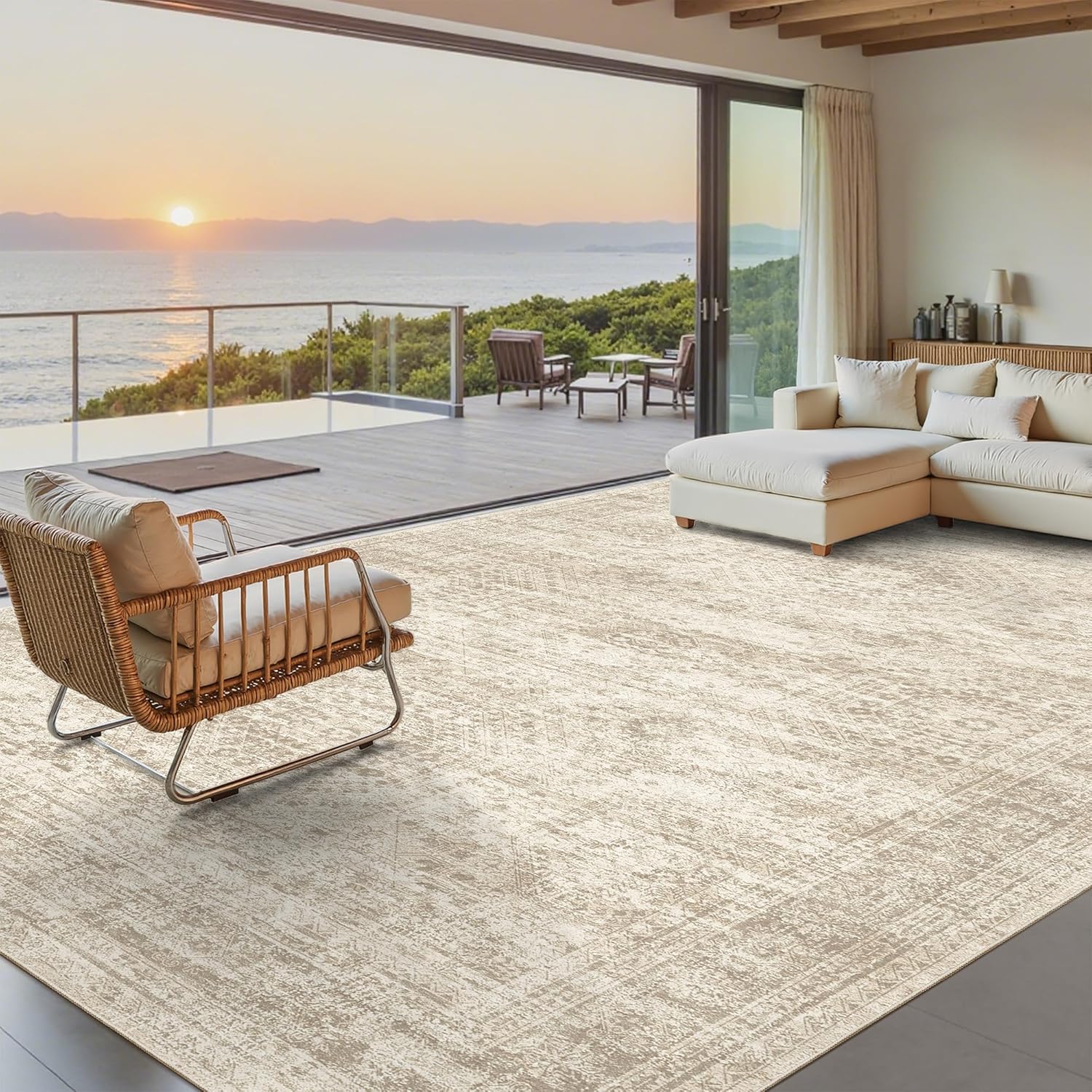 Washable Area Rug 8x10, Large Soft Rugs for Living Room Vintage Beige Carpet 8x10 Area Rugs for Bedroom Dining Room Non-Slip Stain Resistant Under Table Rug - Image 2