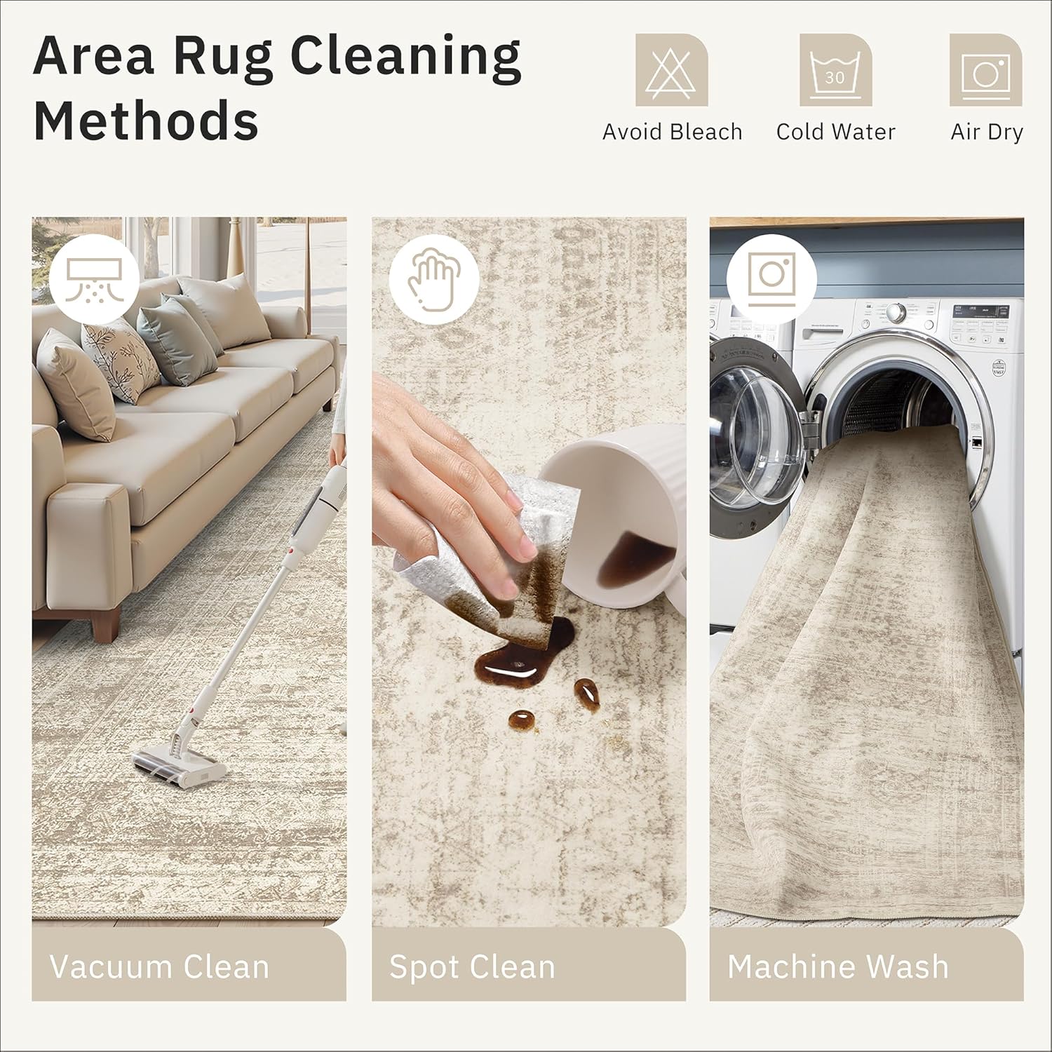 Washable Area Rug 8x10, Large Soft Rugs for Living Room Vintage Beige Carpet 8x10 Area Rugs for Bedroom Dining Room Non-Slip Stain Resistant Under Table Rug - Image 4