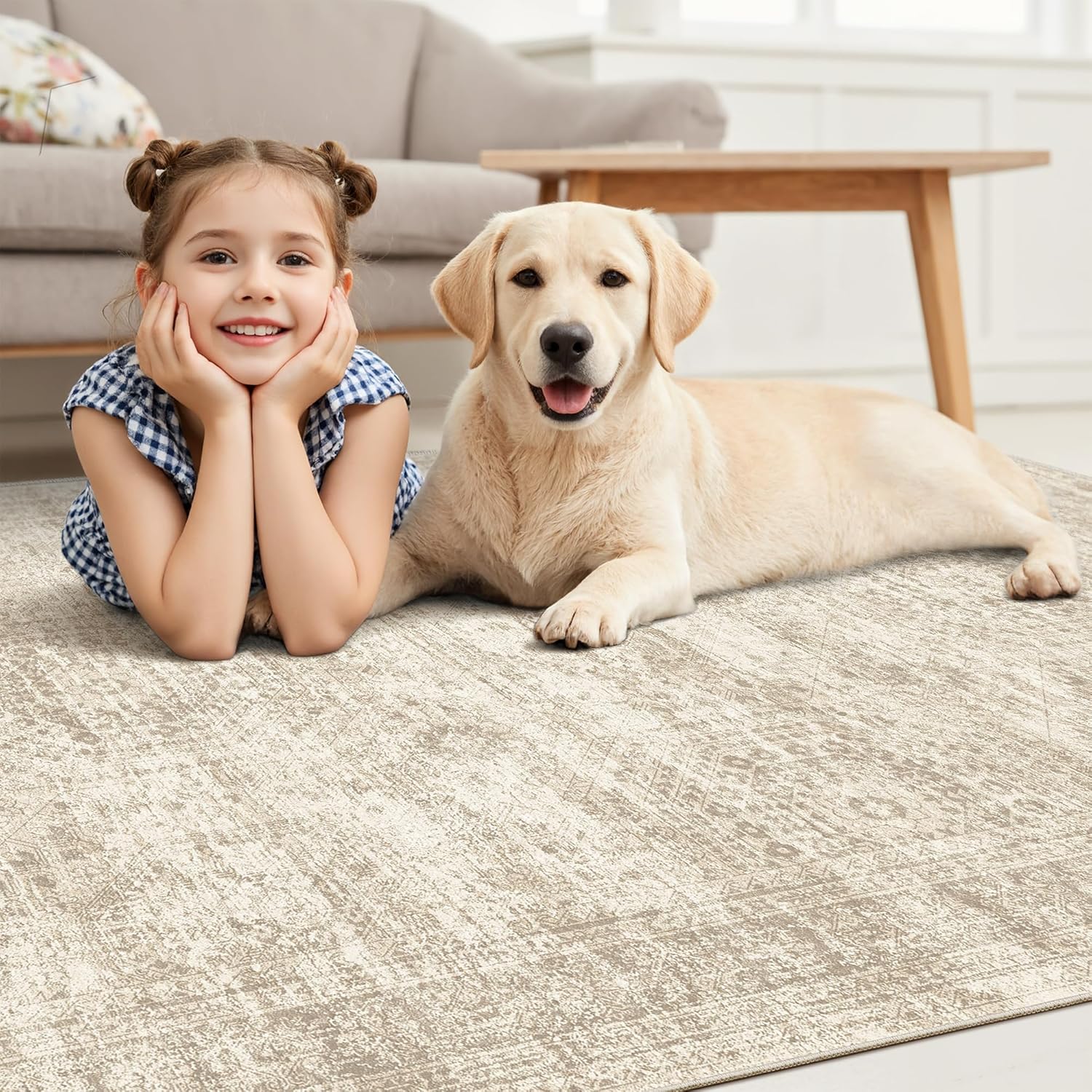Washable Area Rug 8x10, Large Soft Rugs for Living Room Vintage Beige Carpet 8x10 Area Rugs for Bedroom Dining Room Non-Slip Stain Resistant Under Table Rug - Image 9